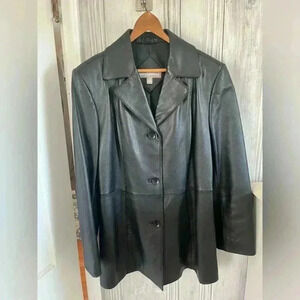 VALERIE STEVENS| Y2K black 100%leather blazer jacket button closure pockets|M
